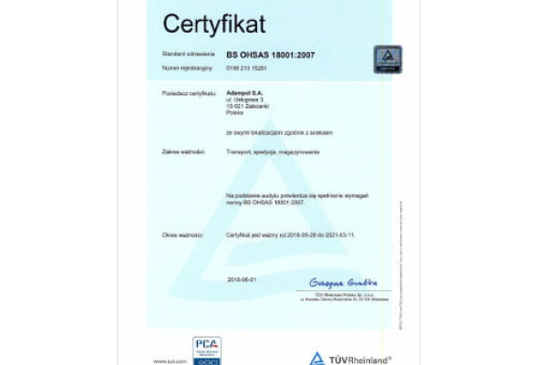 Certyfikat zgodności OHSAS 18001:2007