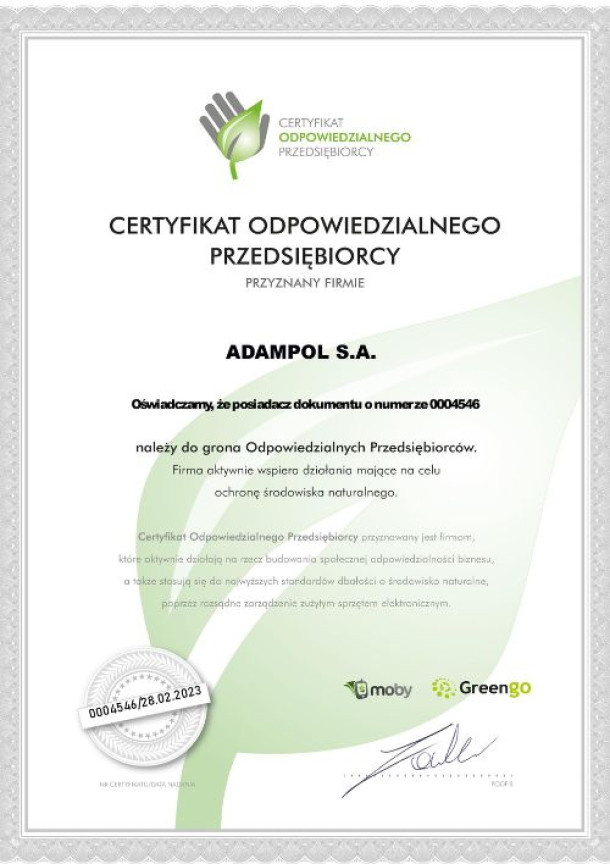 Certyfikat odpowiedzialnego przedsiębiorcy Adampol S.A.