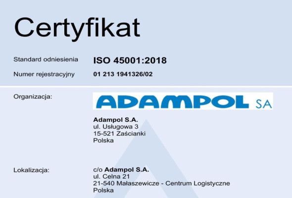 Adampol S.A. otrzymała Certyfikat ISO 45001:2018