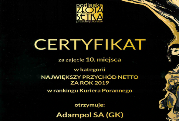 Certyfikat za Największy Przychód Netto 2019